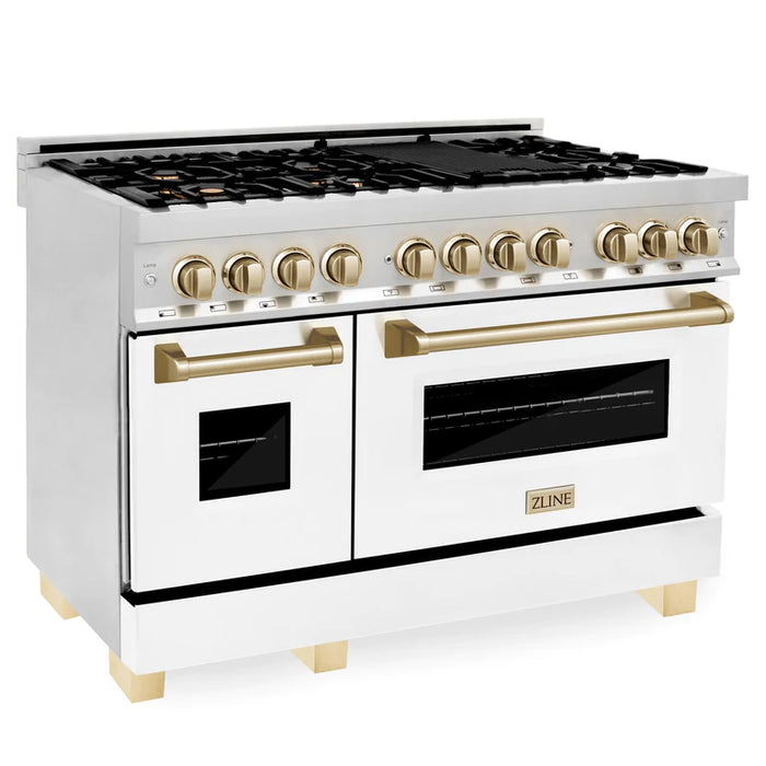 ZLINE Autograph 48 in. Gas Burner/Electric Oven in Stainless Steel, White Matte Door with Gold Accents