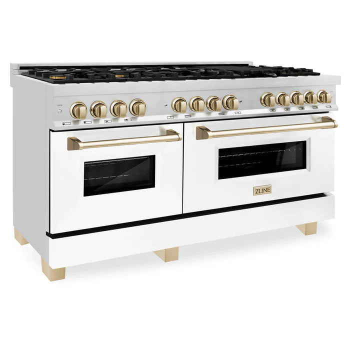 ZLINE 60 Inch Autograph Edition Dual Fuel Range in Stainless Steel with White Matte Door and Gold Accents