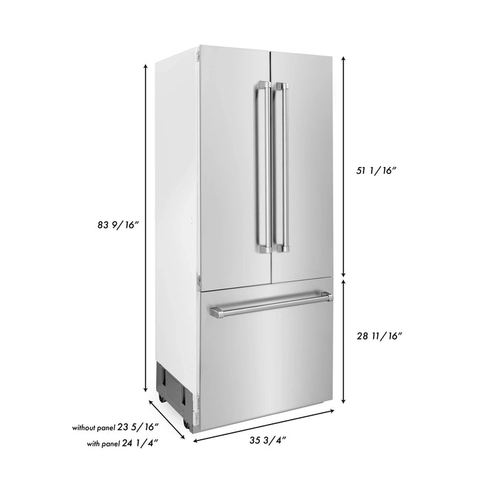 ZLINE 36 In. 19.6 cu. Ft. Panel Ready Built-In 3-Door French Door Refrigerator with Internal Water and Ice Dispenser