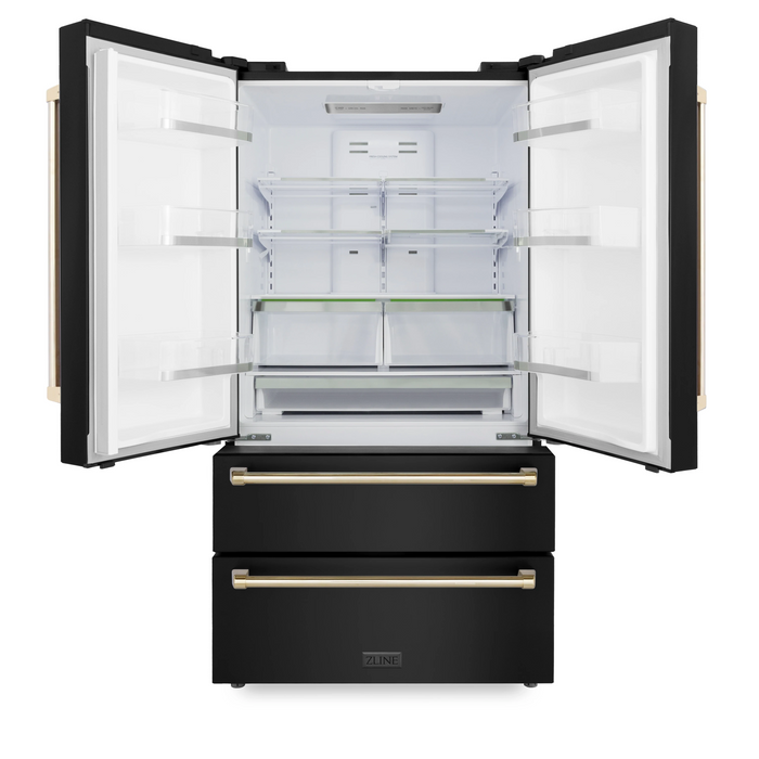 ZLINE 36 In. Autograph 22.5 cu. ft. Refrigerator with Ice Maker in Fingerprint Resistant Black Stainless Steel and Gold Accents
