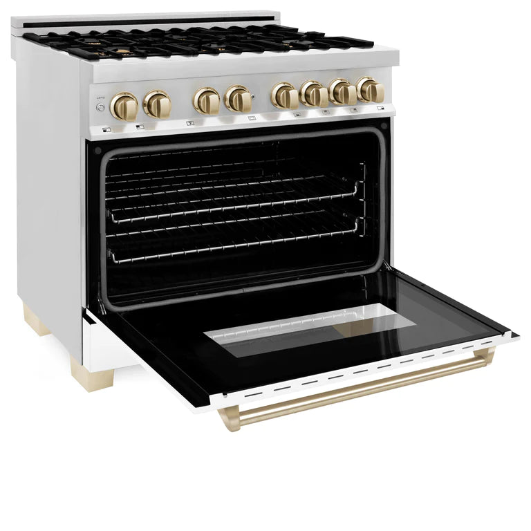ZLINE Autograph Edition 36 in. 4.6 cu. ft. Dual Fuel Range with Gas Stove/Electric Oven with White Matte Door and Gold Accents