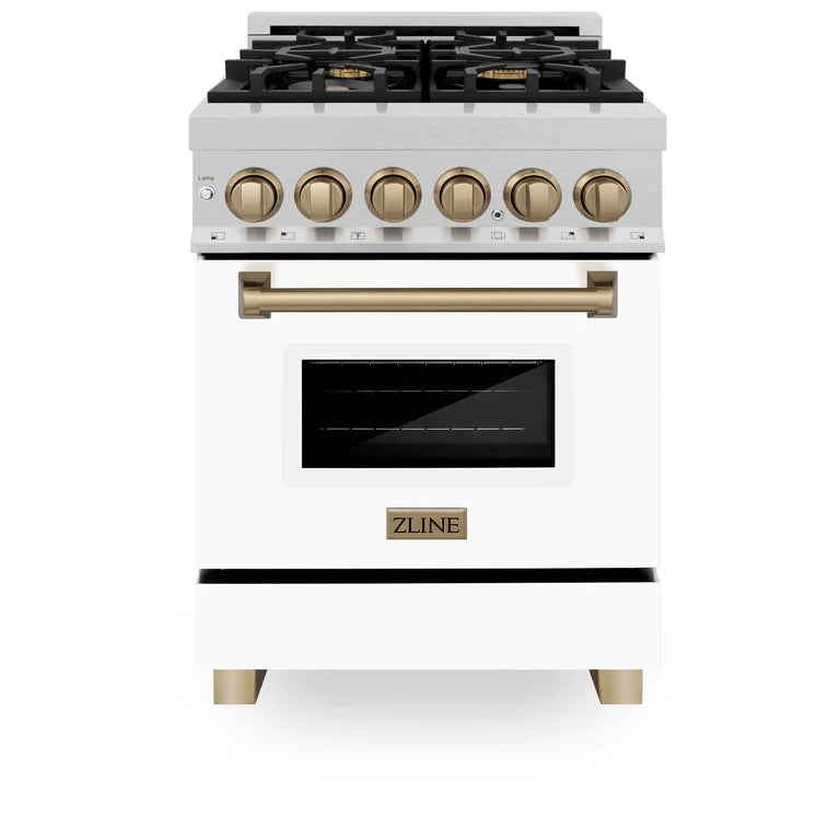 ZLINE 24 Inch Autograph Edition Dual Fuel Range in DuraSnow® Stainless Steel with White Matte Door and Champagne Bronze Accents