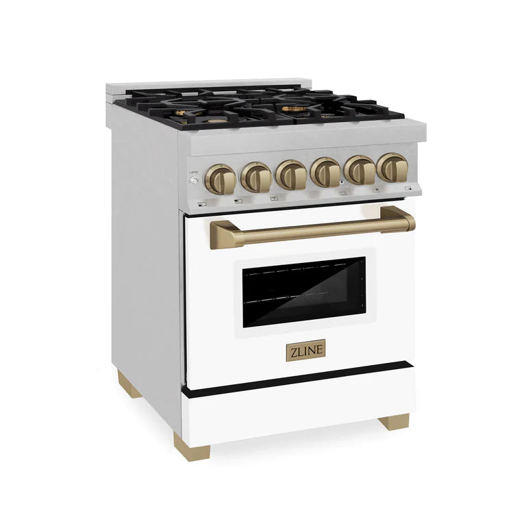 ZLINE 24 Inch Autograph Edition Dual Fuel Range in DuraSnow® Stainless Steel with White Matte Door and Gold Accents