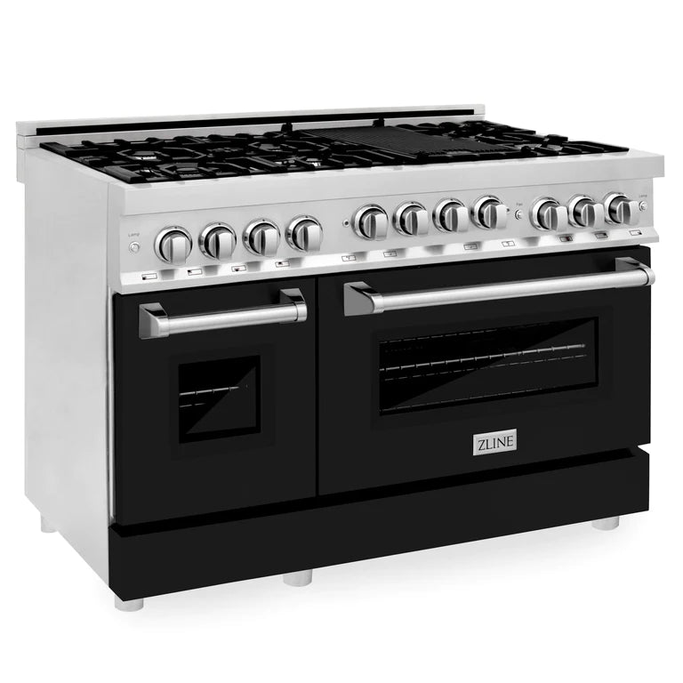 ZLINE 48 In. 6.0 cu. ft. Range with Gas Stove and Gas Oven in DuraSnow® Stainless Steel with Black Matte Doors