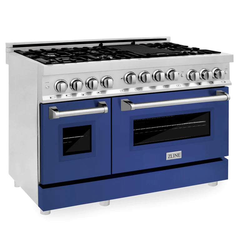 ZLINE 48 In. 6.0 cu. ft. Range with Gas Stove and Gas Oven in DuraSnow® Stainless Steel with Blue Matte Doors