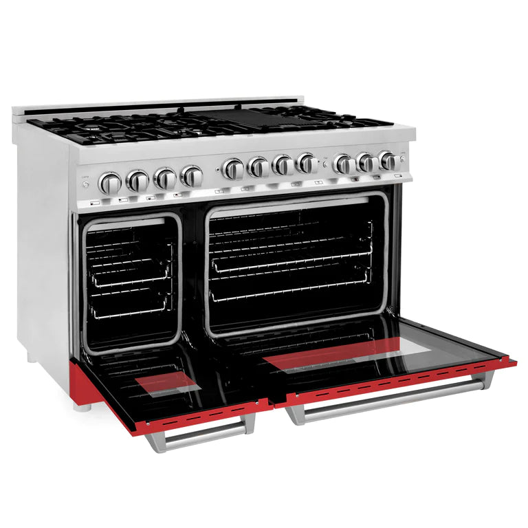 ZLINE 48 Inch 6.0 cu. ft. Range with Gas Stove and Gas Oven in Stainless Steel and Red Matte Door
