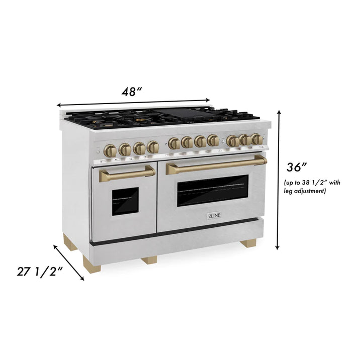 ZLINE 48 Inch Autograph Edition Gas Range in DuraSnow® Stainless Steel with Champagne Bronze Accents