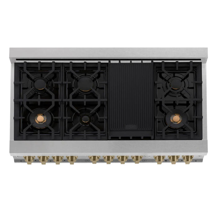 ZLINE 48 Inch Autograph Edition Gas Range in DuraSnow® Stainless Steel with Champagne Bronze Accents
