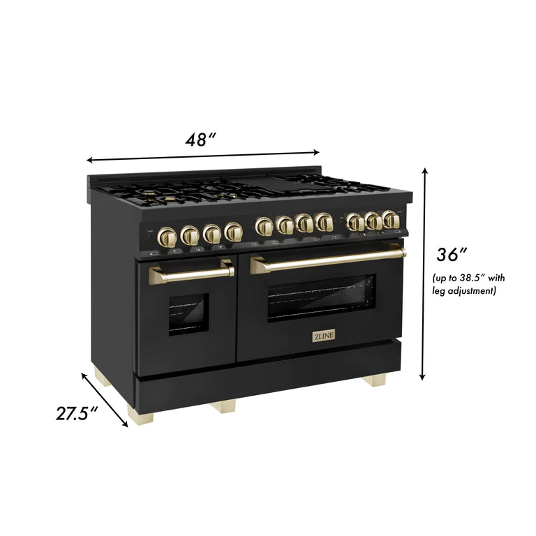 ZLINE 48 in. Autograph Edition Gas Range in Black Stainless Steel with Gold Accents
