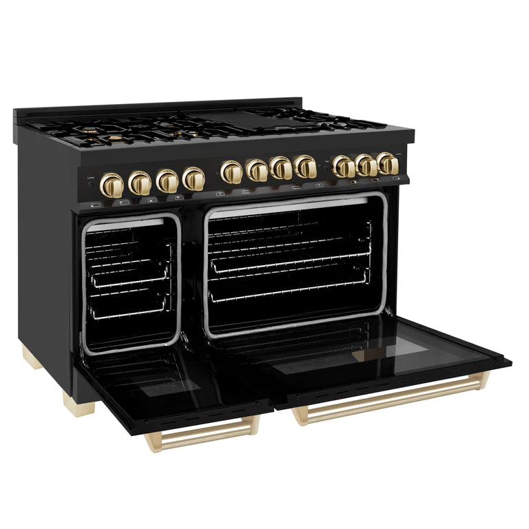 ZLINE 48 in. Autograph Edition Gas Range in Black Stainless Steel with Gold Accents