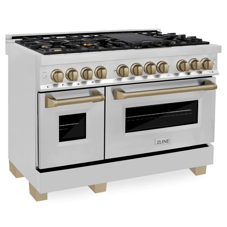 ZLINE Autograph 48 in. Range with Gas Burner, Electric Oven in Stainless Steel with Champagne Bronze Accents