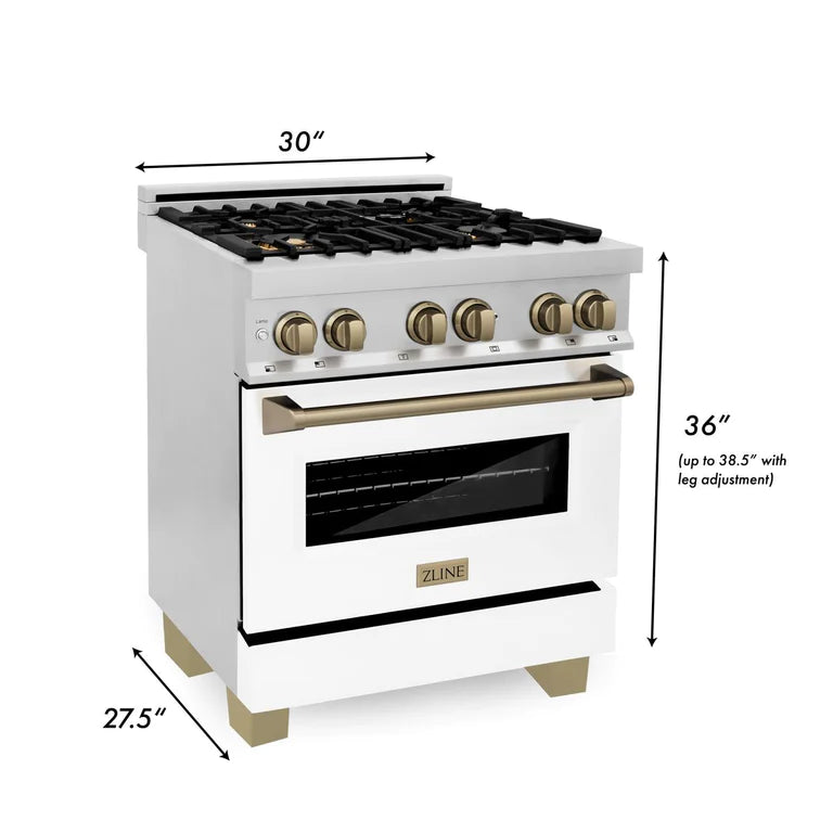 ZLINE Autograph Edition 30 Inch Dual Fuel Range with Gas Stove and Electric Oven in Stainless Steel with White Matte Door, Champagne Bronze Accents