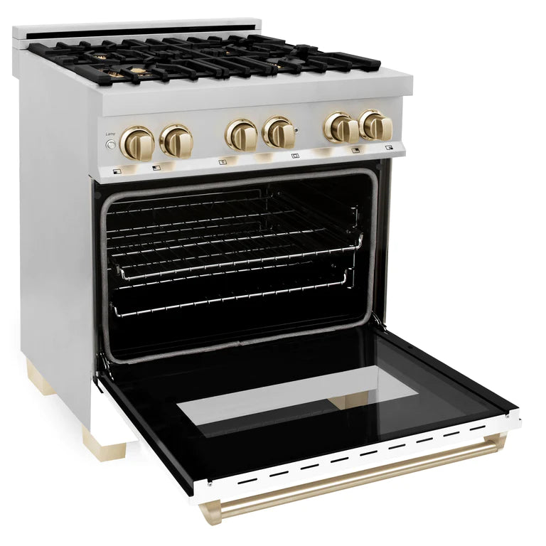 ZLINE Autograph Edition 30 in. Range, Gas Burner/Electric Oven in Stainless Steel with White Matte Door and Gold Accents