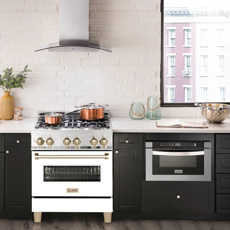ZLINE Autograph Edition 30 in. Range, Gas Burner/Electric Oven in Stainless Steel with White Matte Door and Gold Accents
