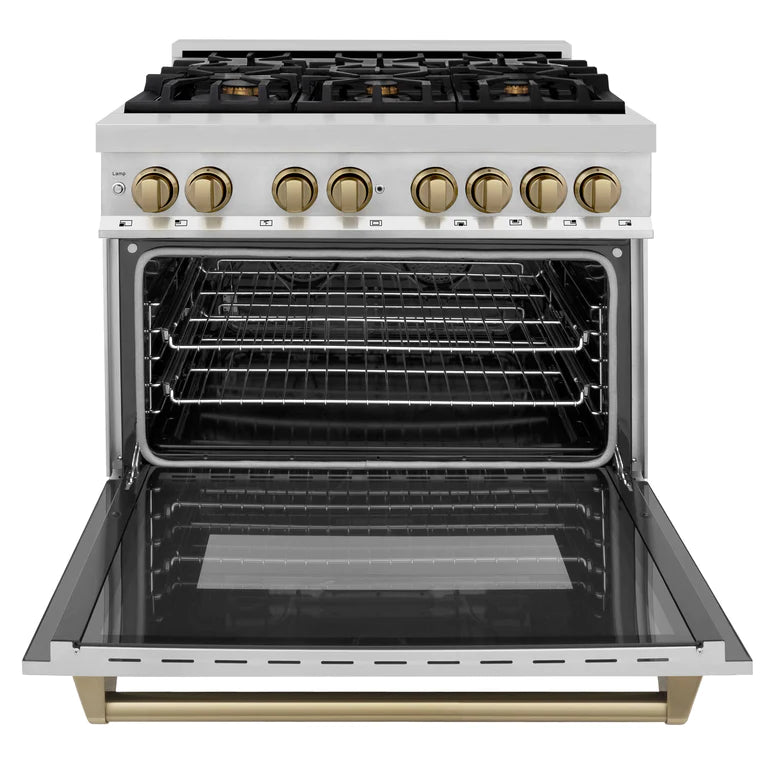 ZLINE Autograph Edition 36 In. 4.6 cu. ft. Range with Gas Stove and Electric Oven in Stainless Steel with Champagne Bronze Accent