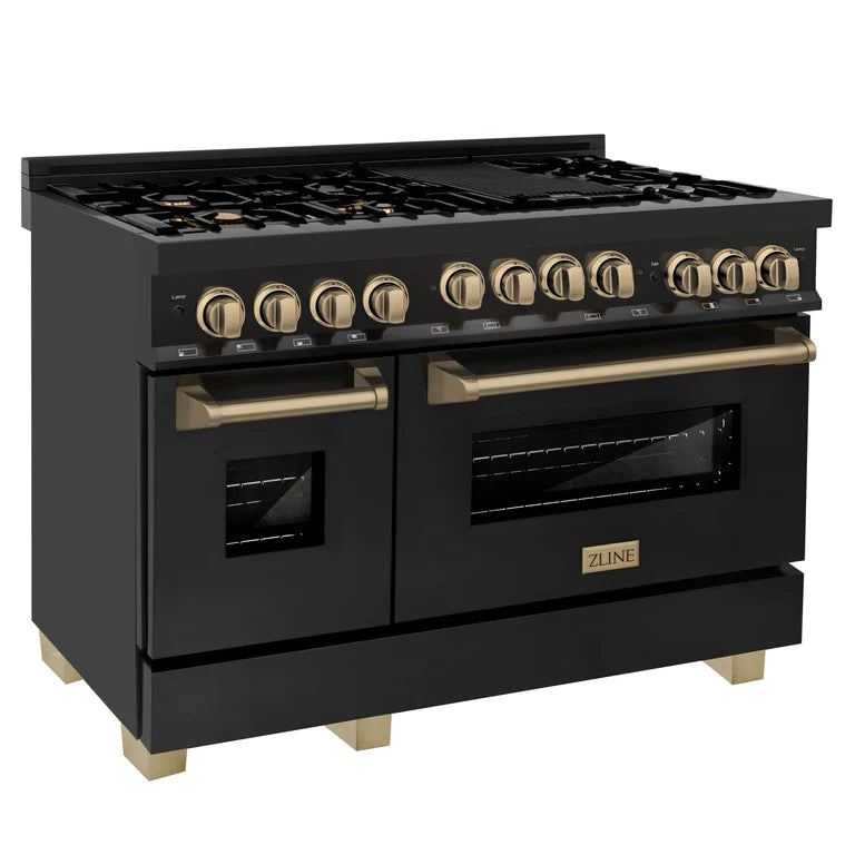 ZLINE Autograph Edition 48" 6.0 cu. ft. Range with Gas Stove and Gas Oven in Black Stainless Steel with Champagne Bronze Accents