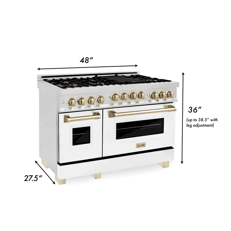 ZLINE Autograph Edition 48 in. Gas Range in DuraSnow® with White Matte Door and Gold Accents