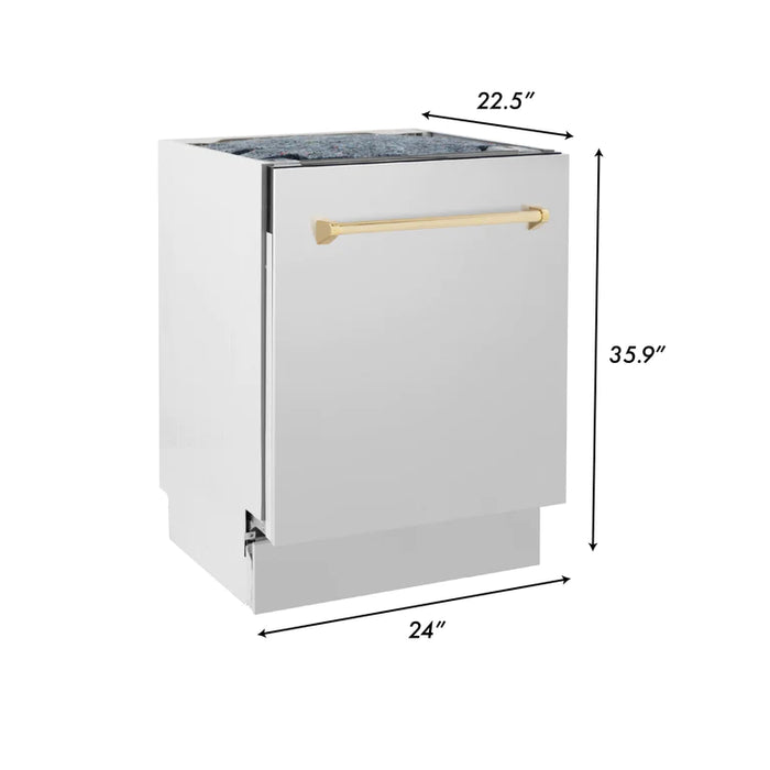 ZLINE Autograph Series 24 inch Tall Dishwasher in Stainless Steel with Gold Handle
