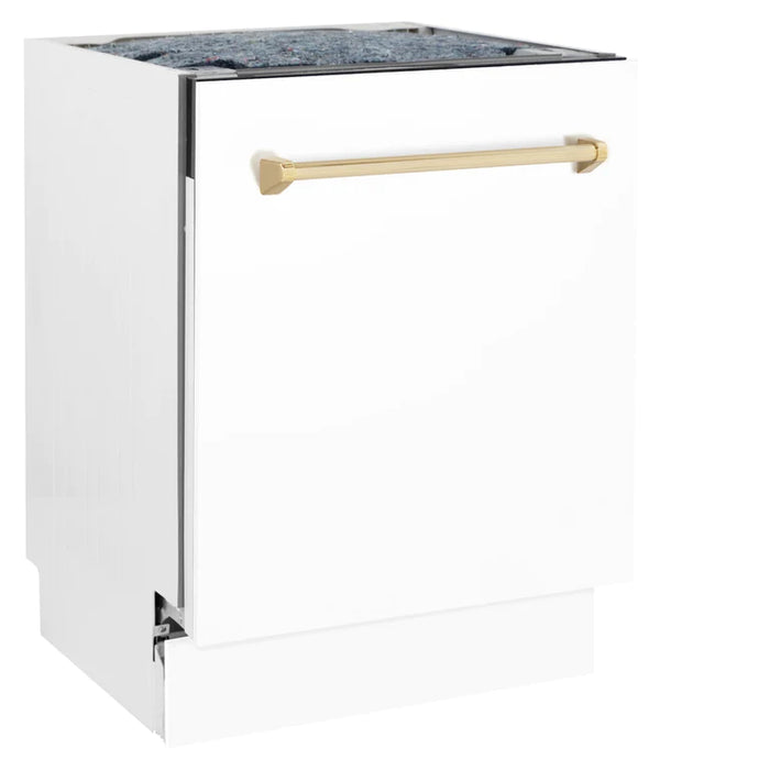 ZLINE Autograph Series 24 inch Tall Dishwasher in White Matte with Gold Handle