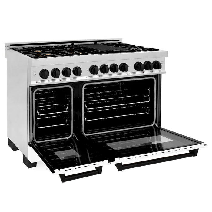 ZLINE Autograph Edition 48 in. 6.0 cu. ft. with Gas Stove and Electric Oven in Stainless Steel with White Matte Door and Matte Black Accents