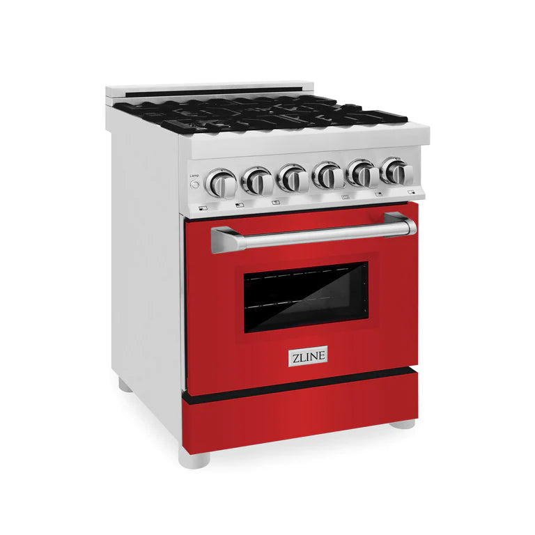 ZLINE 24 in. Professional Gas Burner/Electric Oven in DuraSnow® Range with Red Matte Door