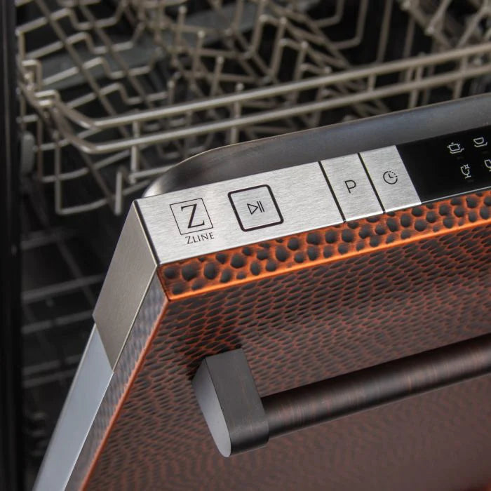 ZLINE 24 in. Top Control Dishwasher in Hand-Hammered Copper with Traditional Style Handle
