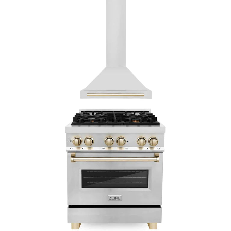 ZLINE Autograph Package - 30 In. Dual Fuel Range, Range Hood in Stainless Steel with Accents
