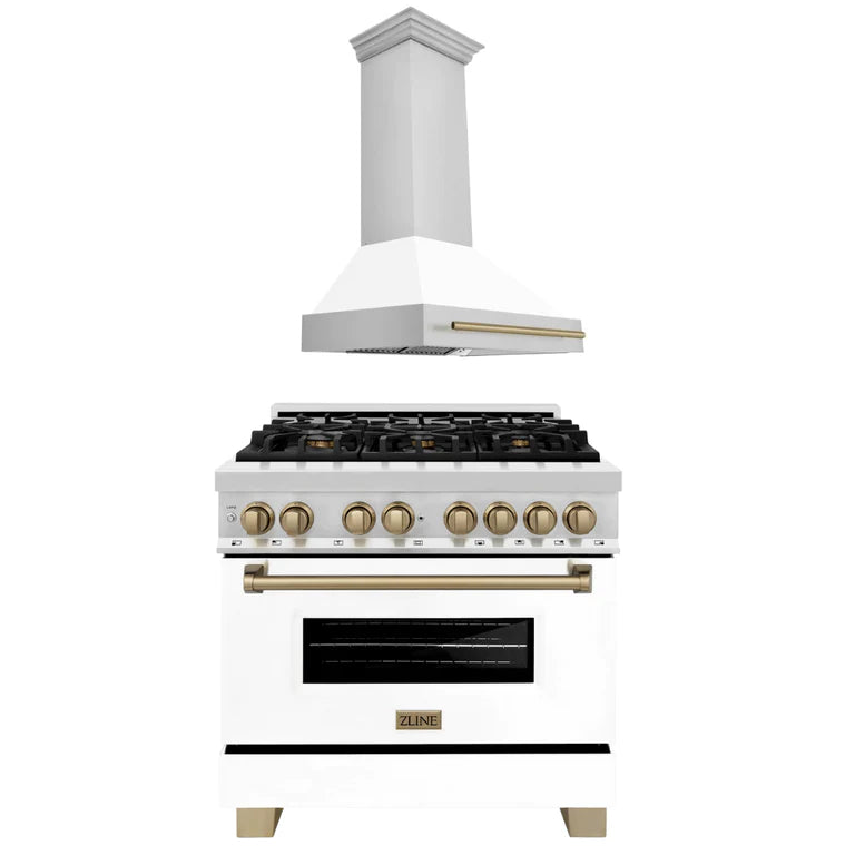 ZLINE Autograph Package - 36 In. Dual Fuel Range and Range Hood with White Matte Door and Accents