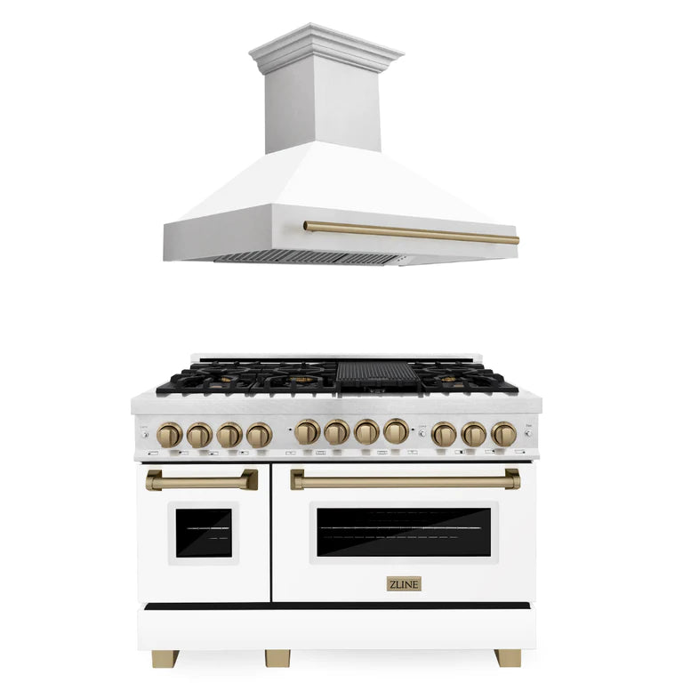 ZLINE Autograph Package - 48 In. Gas Range and Range Hood in DuraSnow® Stainless Steel with White Matte Door and Accents