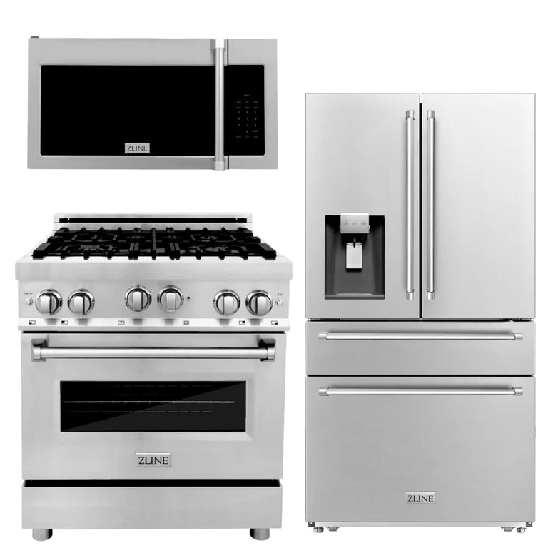 ZLINE Kitchen Package with Water and Ice Dispenser Refrigerator, 30" Dual Fuel Range and 30" Over the Range Microwave