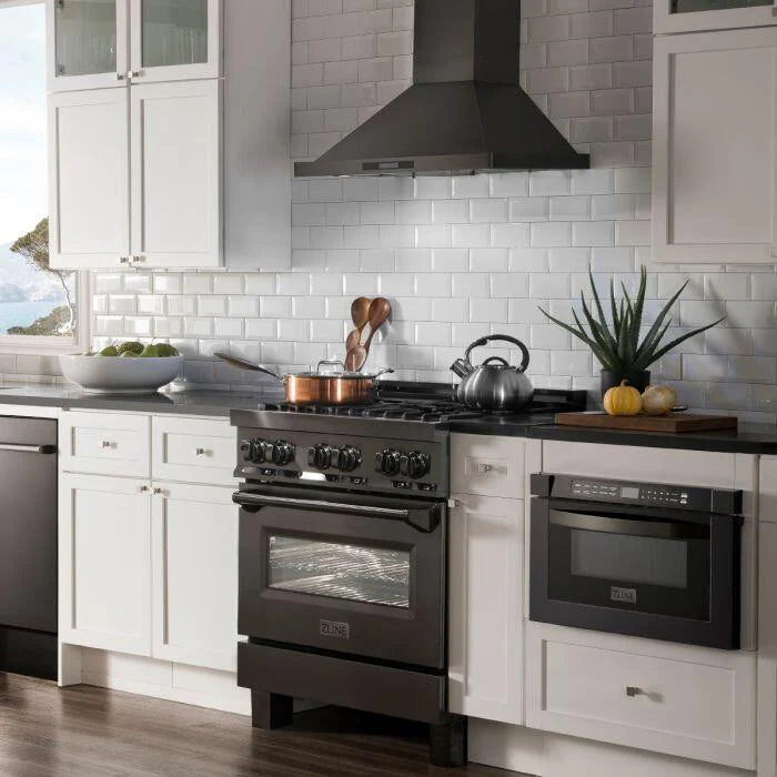 ZLINE Kitchen Package with Black Stainless Steel Dual Fuel Range, Convertible Vent Range Hood and Microwave Drawer
