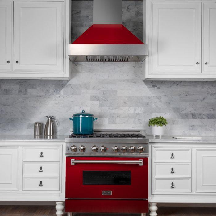 ZLINE 30 in. Ducted DuraSnow® Stainless Steel Range Hood with Red Gloss Shell, 8654RG-30