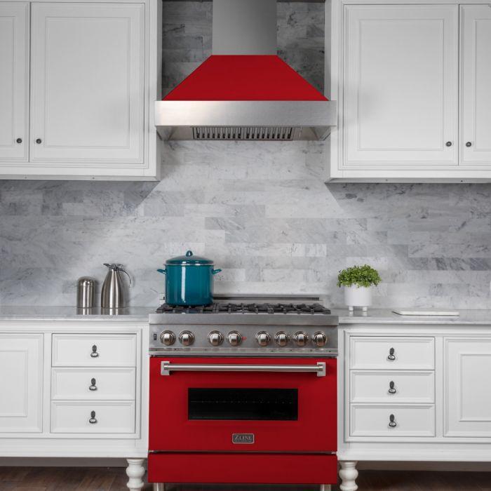 ZLINE 36 in. Ducted DuraSnow® Stainless Steel Range Hood with Red Matte Shell, 8654RM-36