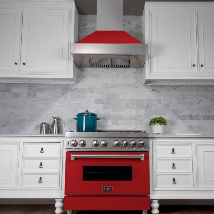 ZLINE 36 in. Ducted DuraSnow® Stainless Steel Range Hood with Red Matte Shell, 8654RM-36