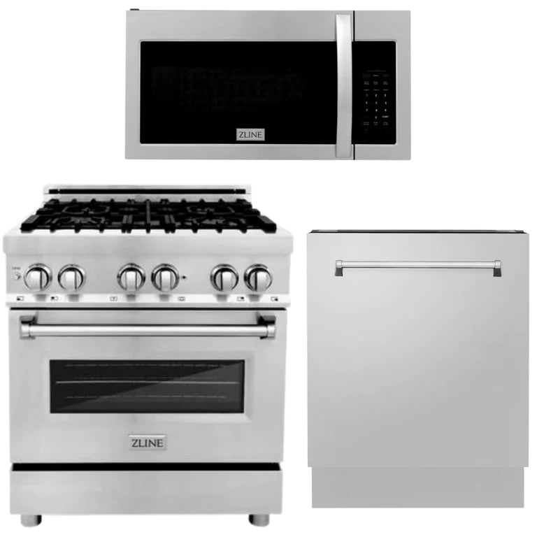 ZLINE 30" Kitchen Package with Stainless Steel Dual Fuel Range, Modern Over The Range Microwave and Tall Tub Dishwasher