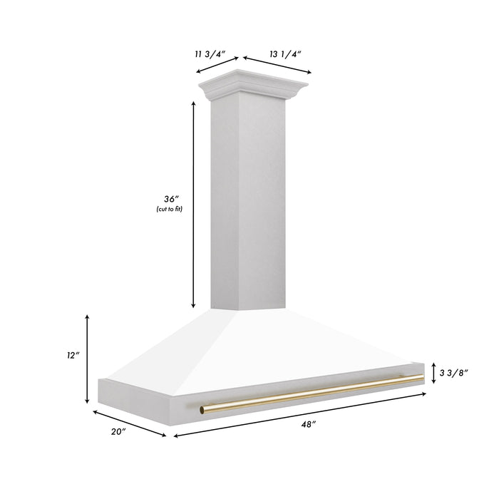 ZLINE 48 Inch Autograph Edition DuraSnow® Stainless Steel Range Hood with a White Matte Shell and Gold Handle, KB4SNZ-WM48-G