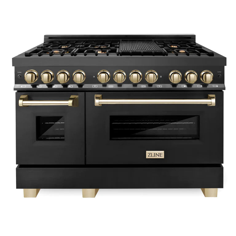 ZLINE Autograph 48 in. Gas Burner/Electric Oven Range in Black Stainless Steel and Gold Accents