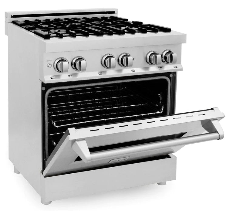 ZLINE 30" Kitchen Package with Stainless Steel Dual Fuel Range, Range Hood, Microwave Drawer and Dishwasher