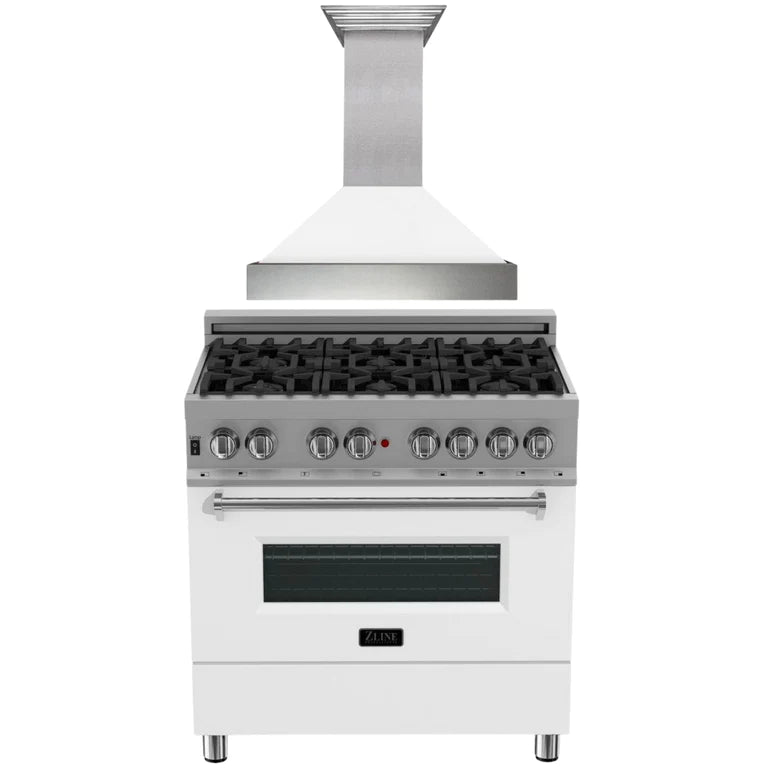 ZLINE Kitchen Package with DuraSnow® Stainless Steel Dual Fuel Range with White Matte Door and Convertible Vent Range Hood