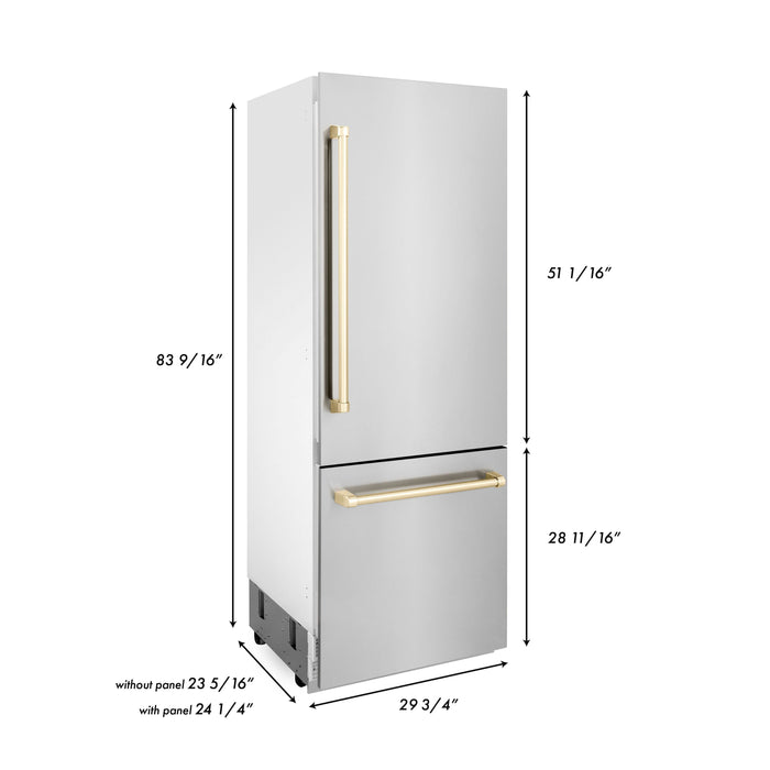ZLINE Autograph 30 In. 16.1 cu. ft. Built-In Refrigerator with Internal Water and Ice Dispenser with Gold Accents
