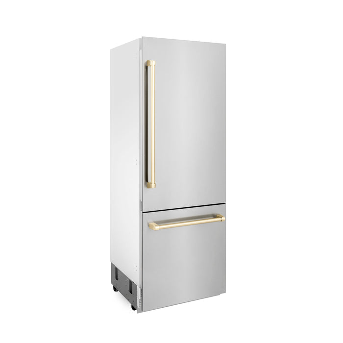 ZLINE Autograph 30 In. 16.1 cu. ft. Built-In Refrigerator with Internal Water and Ice Dispenser with Gold Accents