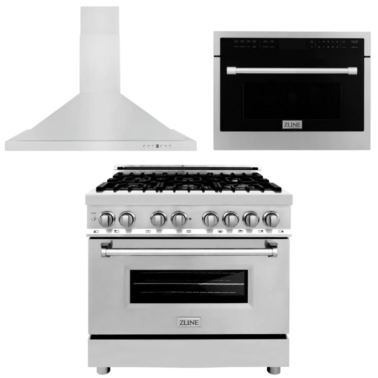 ZLINE Kitchen Package with Stainless Steel Dual Fuel Range, Convertible Vent Range Hood and 24" Microwave Oven