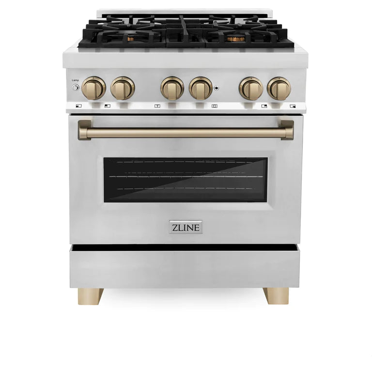 ZLINE 30" Autograph Edition Kitchen Package with Stainless Steel Dual Fuel Range, Range Hood, Dishwasher and Refrigeration with Accents