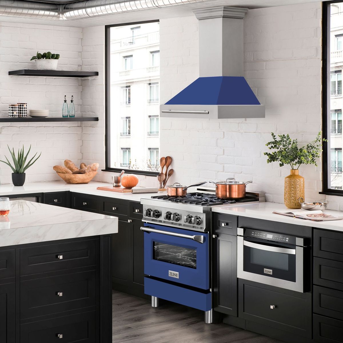ZLINE 30 Inch Stainless Steel Range Hood with Blue Matte Shell and Stainless Steel Handle, 8654STX-BM-30