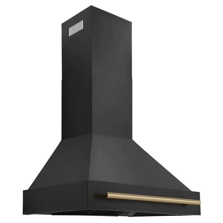 ZLINE 36" Autograph Edition Kitchen Package with Black Stainless Steel Dual Fuel Range, Range Hood, Dishwasher and Refrigeration with Accents