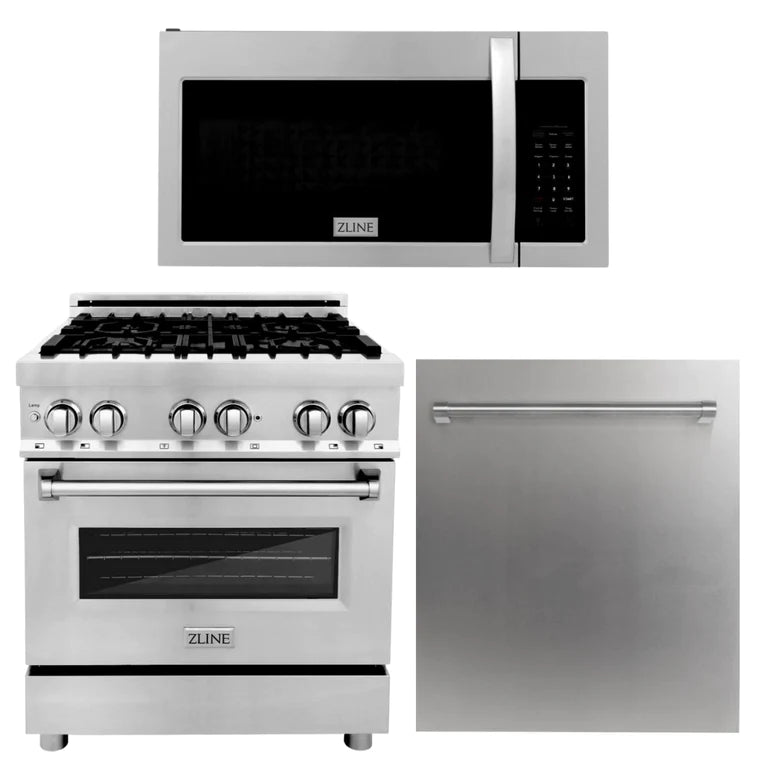 ZLINE 30 in. Kitchen Appliance Package with Stainless Steel Dual Fuel Range, Modern Over The Range Microwave and Dishwasher