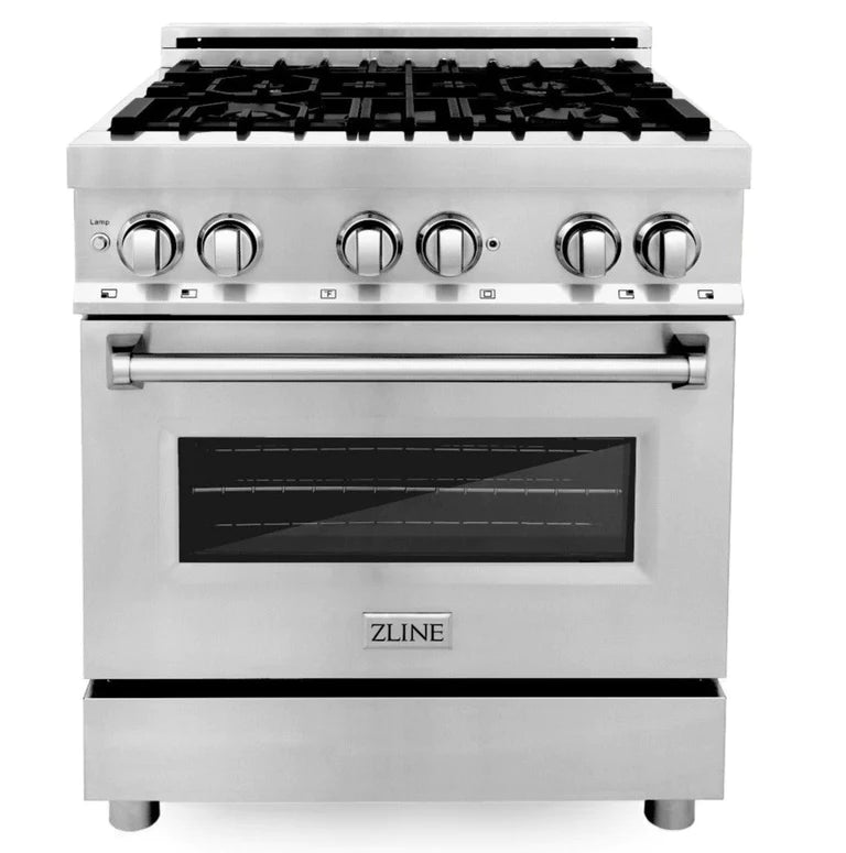 ZLINE Kitchen Package with Water and Ice Dispenser Refrigerator, 30" Dual Fuel Range, 30" Over the Range Microwave and 24" Tall Tub Dishwasher