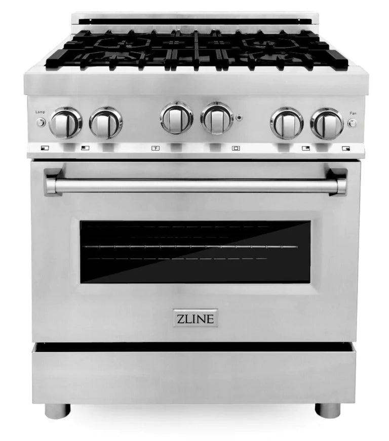 ZLINE Kitchen Package with Water and Ice Dispenser Refrigerator, 30" Gas Range, 30" Range Hood, Microwave Drawer, and 24" Tall Tub Dishwasher