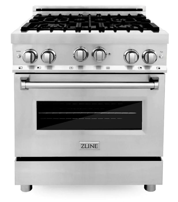 ZLINE Kitchen Package with Water and Ice Dispenser Refrigerator, Gas Range, Range Hood, and 24" Tall Tub Dishwasher