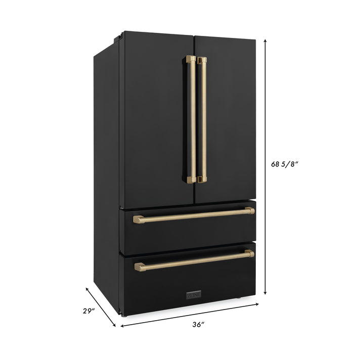 ZLINE 36 In. Autograph 22.5 cu. ft. Refrigerator with Ice Maker in Fingerprint Resistant Black Stainless Steel and Champagne Bronze Accents